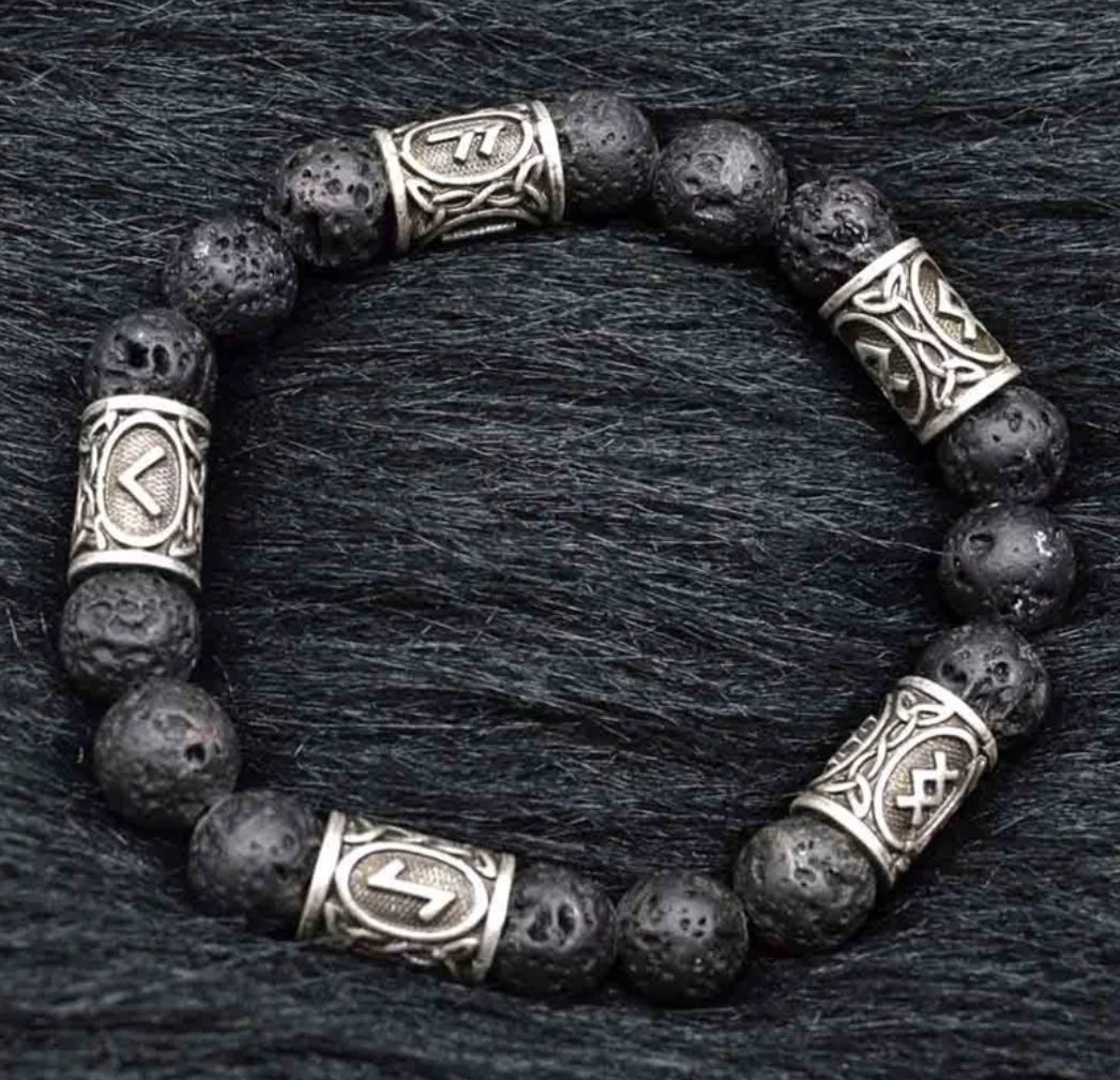 Viking rune lava stone bracelet